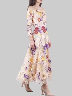Hot CARLA RUIZ ABITO MIDI IN TULLE RICAMATO CON FIORI MULTICOLORE E MINI CINTURA IN VITA Rosa