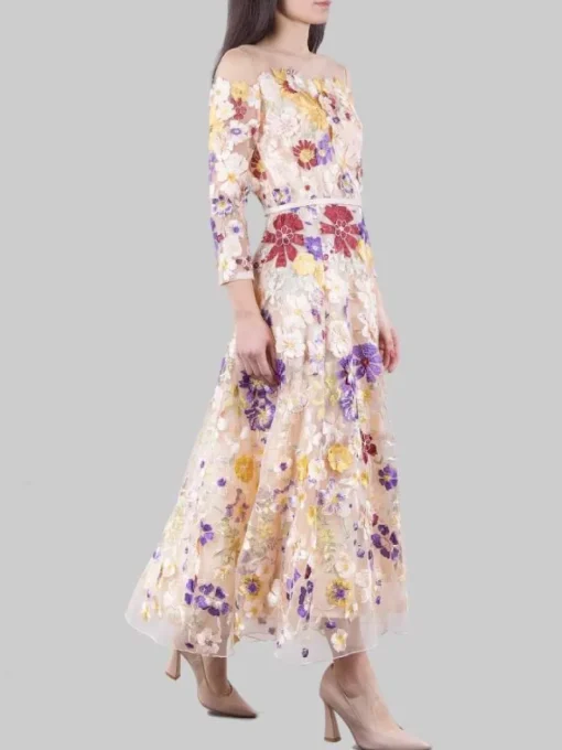 Hot CARLA RUIZ ABITO MIDI IN TULLE RICAMATO CON FIORI MULTICOLORE E MINI CINTURA IN VITA Rosa