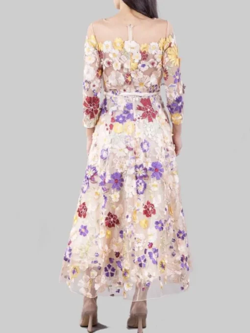 Hot CARLA RUIZ ABITO MIDI IN TULLE RICAMATO CON FIORI MULTICOLORE E MINI CINTURA IN VITA Rosa