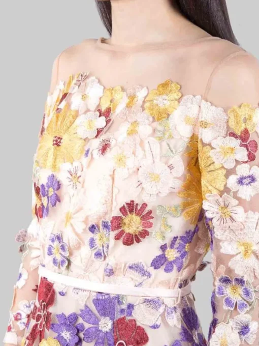 Hot CARLA RUIZ ABITO MIDI IN TULLE RICAMATO CON FIORI MULTICOLORE E MINI CINTURA IN VITA Rosa
