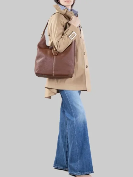 Clearance FAY BORSA HOBO IN PELLE MARTELLATA CON ICONICI GANCI Marrone