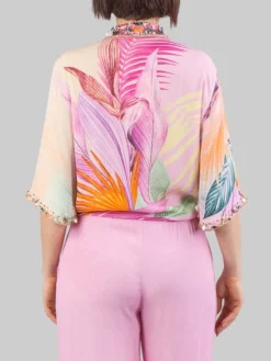 Hot MIRIAM STELLA CAMICIA A FANTASIA IN MISTO SETA DECORATA CON PERLINE, STRASS E CRISTALLI COLORATI Rosa