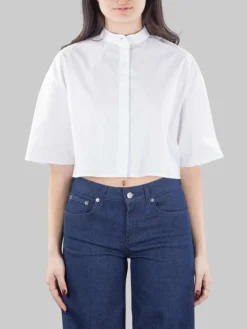Sale DONDUP CAMICIA CORTA BIANCA CON COLLETTO ALLA COREANA MODELLO BOXY Bianco