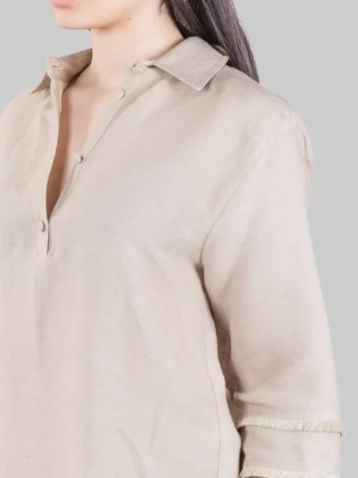 Online MARIA VITTORIA PAOLILLO CAMICIA POLO SABBIA IN MORBIDO TESSUTO LINO E VISCOSA CON FRANGE Avorio