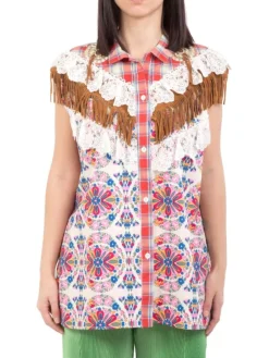 Outlet AMUSE CAMICIA SENZA MANICHE A CON PIZZO E FRANGE Fantasia