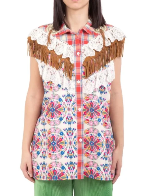 Outlet AMUSE CAMICIA SENZA MANICHE A CON PIZZO E FRANGE Fantasia