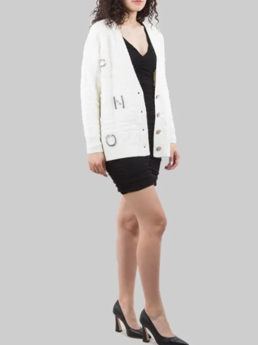 Fashion PINKO CARDIGAN DAINO IN MORBIDO TESSUTO EFFETTO SPUGNA CON PIETRE E STRASS APPLICATI Bianco