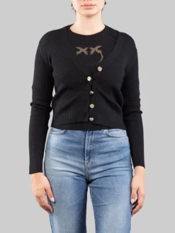 Clearance PINKO CARDIGAN IN LANA A COSTINE CON LOGO "LOVE BIRDS" IN TRASPARENZA Nero