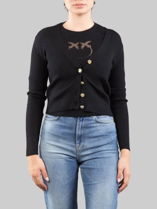 Clearance PINKO CARDIGAN IN LANA A COSTINE CON LOGO "LOVE BIRDS" IN TRASPARENZA Nero