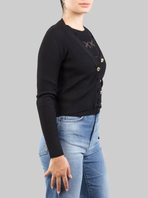 Clearance PINKO CARDIGAN IN LANA A COSTINE CON LOGO "LOVE BIRDS" IN TRASPARENZA Nero