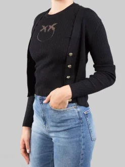 Clearance PINKO CARDIGAN IN LANA A COSTINE CON LOGO "LOVE BIRDS" IN TRASPARENZA Nero