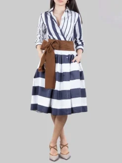 Clearance SARA ROKA CHEMISIER CORTO IN COTONE A RIGHE CON CINTURA IN VITA Biancoeblu