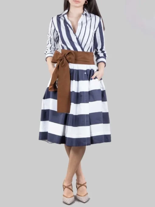 Clearance SARA ROKA CHEMISIER CORTO IN COTONE A RIGHE CON CINTURA IN VITA Biancoeblu