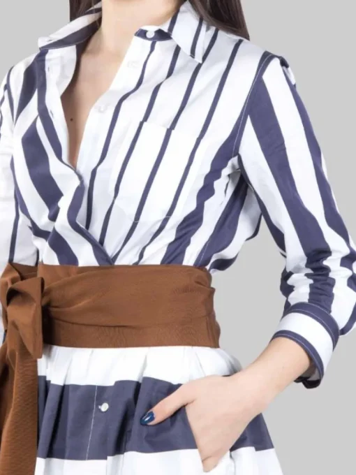 Clearance SARA ROKA CHEMISIER CORTO IN COTONE A RIGHE CON CINTURA IN VITA Biancoeblu