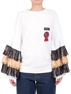 Outlet 5 PROGRESS FELPA SWEATSHIRT RAFFIA IN COTONE GIROCOLLO CON FRANGE IN RAFFIA Bianco