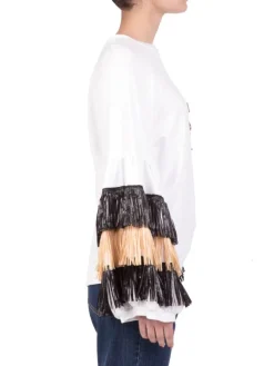 Outlet 5 PROGRESS FELPA SWEATSHIRT RAFFIA IN COTONE GIROCOLLO CON FRANGE IN RAFFIA Bianco