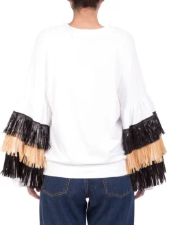 Outlet 5 PROGRESS FELPA SWEATSHIRT RAFFIA IN COTONE GIROCOLLO CON FRANGE IN RAFFIA Bianco