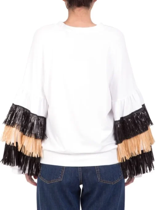 Outlet 5 PROGRESS FELPA SWEATSHIRT RAFFIA IN COTONE GIROCOLLO CON FRANGE IN RAFFIA Bianco