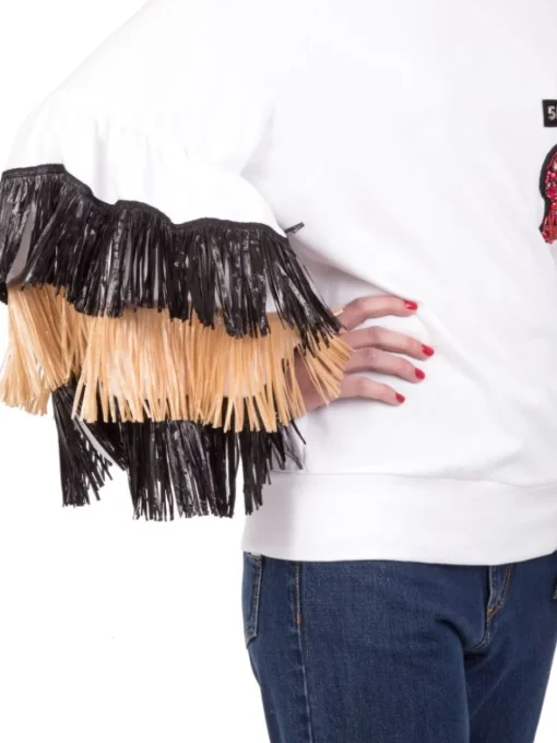 Outlet 5 PROGRESS FELPA SWEATSHIRT RAFFIA IN COTONE GIROCOLLO CON FRANGE IN RAFFIA Bianco