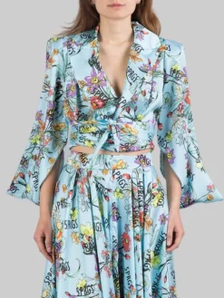 New 5 PROGRESS GIACCA CORTA IN TWILL A FANTASIA FLOREALE CON NODO IN VITA Celeste