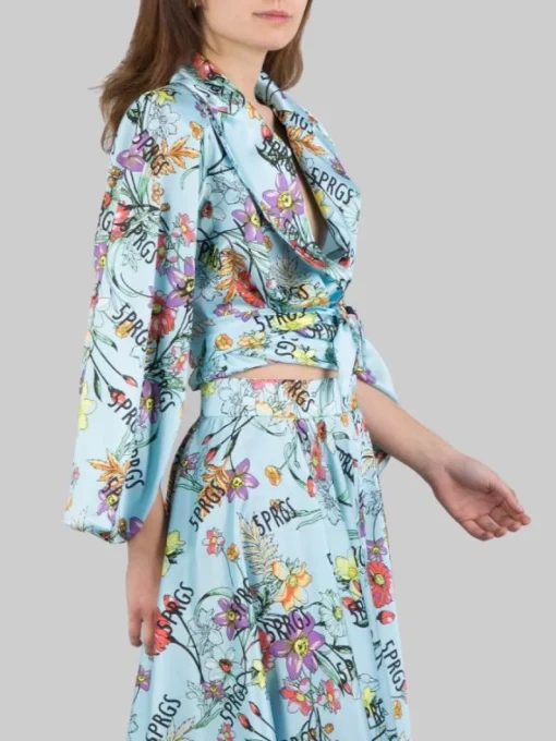 New 5 PROGRESS GIACCA CORTA IN TWILL A FANTASIA FLOREALE CON NODO IN VITA Celeste