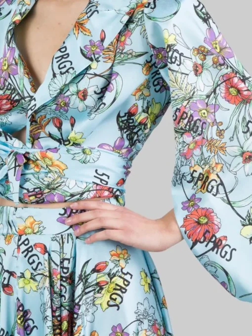 New 5 PROGRESS GIACCA CORTA IN TWILL A FANTASIA FLOREALE CON NODO IN VITA Celeste