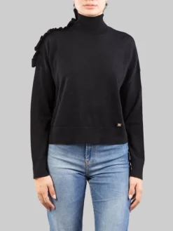 Hot PINKO MAGLIA DOLCEVITA NERA IN LANA CON RUCHE DECORATIVA SULLA SPALLA Nero