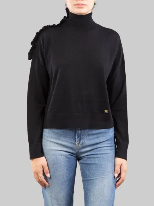 Hot PINKO MAGLIA DOLCEVITA NERA IN LANA CON RUCHE DECORATIVA SULLA SPALLA Nero