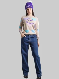 New MC2 SAINT BARTH MAGLIA GIROCOLLO CON GRAFICA "C'EST L'AMOUR" E CUORI Beige