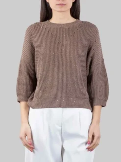 Fashion PESERICO MAGLIA GIROCOLLO IN COTONE CON MICRO PAILLETTES Marrone