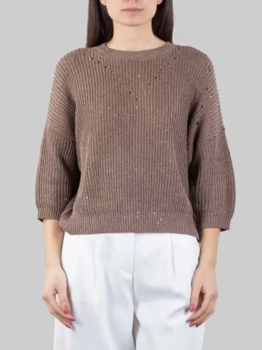 Fashion PESERICO MAGLIA GIROCOLLO IN COTONE CON MICRO PAILLETTES Marrone
