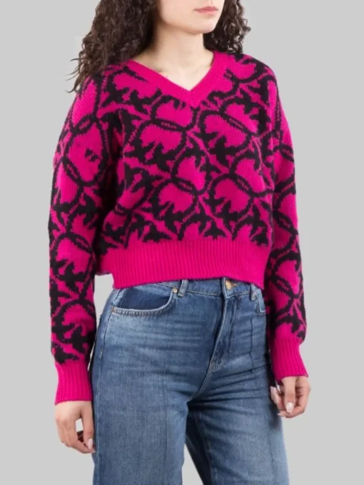 Hot PINKO MAGLIA OVINO IN MISTO LANA E ALPACA CON LOGO ALL OVER E NERA Fuxia
