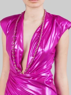 New HOUSE OF AMEN MINI ABITO IN JERSEY LAMINATO CON COLLANA Fuxia