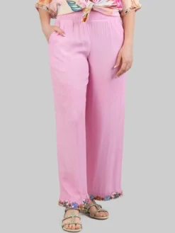 Sale MIRIAM STELLA PANTALONI IN MISTO SETA CON DECORAZIONI IN PERLINE, STRASS E PIETRE COLORATE Rosa
