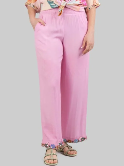 Sale MIRIAM STELLA PANTALONI IN MISTO SETA CON DECORAZIONI IN PERLINE, STRASS E PIETRE COLORATE Rosa