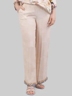 Clearance MIRIAM STELLA PANTALONI IN MISTO SETA SABBIA CON DECORAZIONI IN PERLINE, STRASS E PIETRE COLORATE Beige