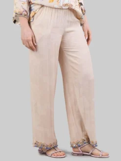 Clearance MIRIAM STELLA PANTALONI IN MISTO SETA SABBIA CON DECORAZIONI IN PERLINE, STRASS E PIETRE COLORATE Beige
