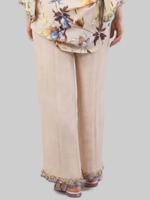 Clearance MIRIAM STELLA PANTALONI IN MISTO SETA SABBIA CON DECORAZIONI IN PERLINE, STRASS E PIETRE COLORATE Beige