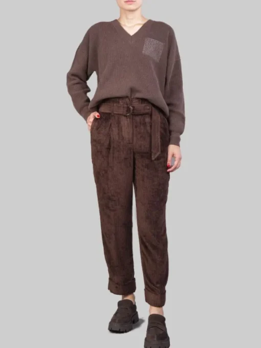 New PESERICO PANTALONI IN VELLUTO A COSTE MARRONI CON CINTURA IN VITA Marrone