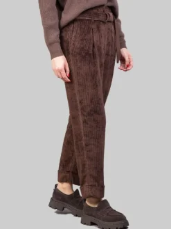 New PESERICO PANTALONI IN VELLUTO A COSTE MARRONI CON CINTURA IN VITA Marrone