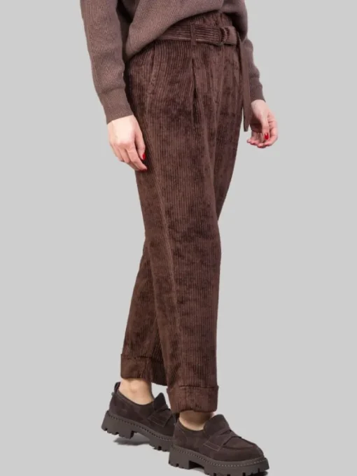 New PESERICO PANTALONI IN VELLUTO A COSTE MARRONI CON CINTURA IN VITA Marrone