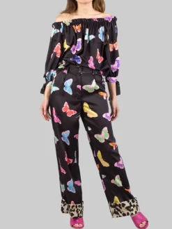 Best 5 PROGRESS PANTALONI LARGHI A FANTASIA FARFALLE CON RISVOLTI Nero