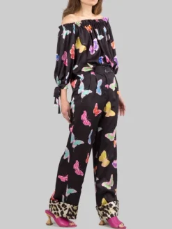 Best 5 PROGRESS PANTALONI LARGHI A FANTASIA FARFALLE CON RISVOLTI Nero