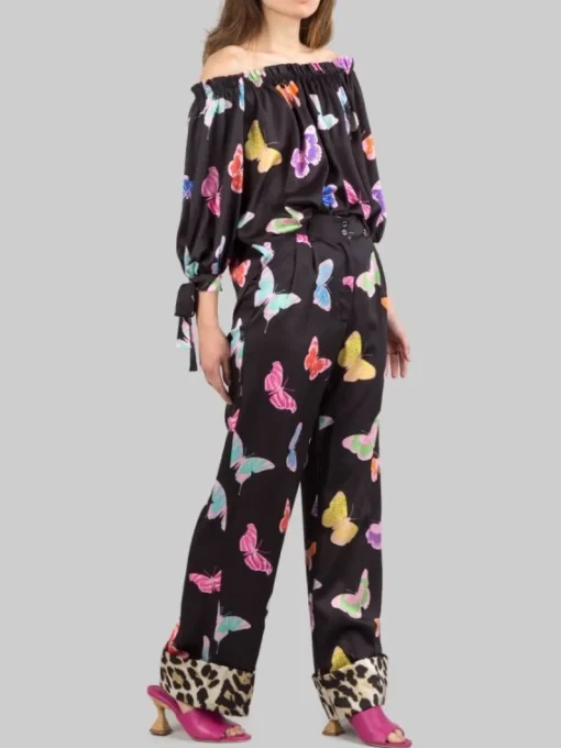 Best 5 PROGRESS PANTALONI LARGHI A FANTASIA FARFALLE CON RISVOLTI Nero