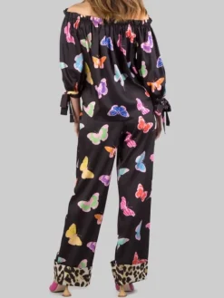 Best 5 PROGRESS PANTALONI LARGHI A FANTASIA FARFALLE CON RISVOLTI Nero