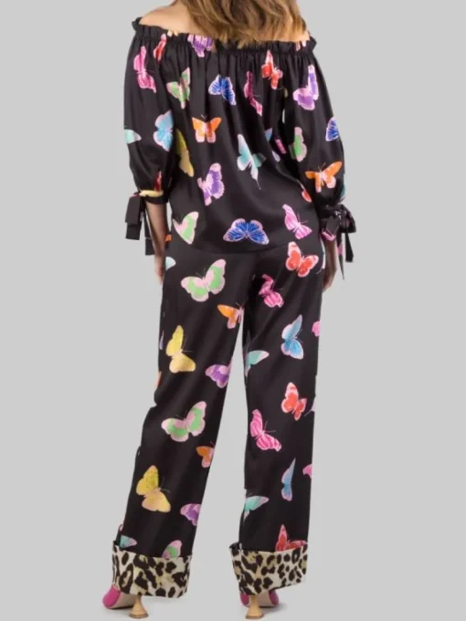 Best 5 PROGRESS PANTALONI LARGHI A FANTASIA FARFALLE CON RISVOLTI Nero