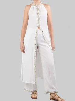 Fashion MIRIAM STELLA PANTALONI PALAZZO BIANCHI CON DECORAZIONI IN PERLINE, STRASS E PERLE Bianco