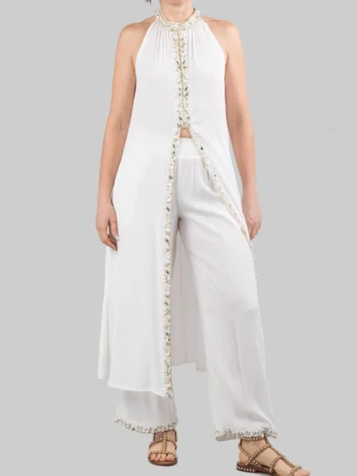 Fashion MIRIAM STELLA PANTALONI PALAZZO BIANCHI CON DECORAZIONI IN PERLINE, STRASS E PERLE Bianco