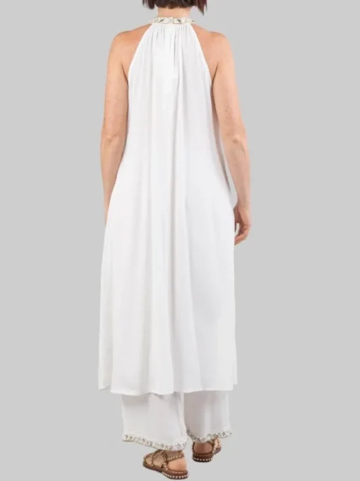 Fashion MIRIAM STELLA PANTALONI PALAZZO BIANCHI CON DECORAZIONI IN PERLINE, STRASS E PERLE Bianco
