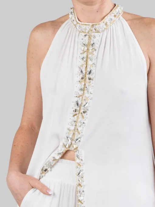 Fashion MIRIAM STELLA PANTALONI PALAZZO BIANCHI CON DECORAZIONI IN PERLINE, STRASS E PERLE Bianco